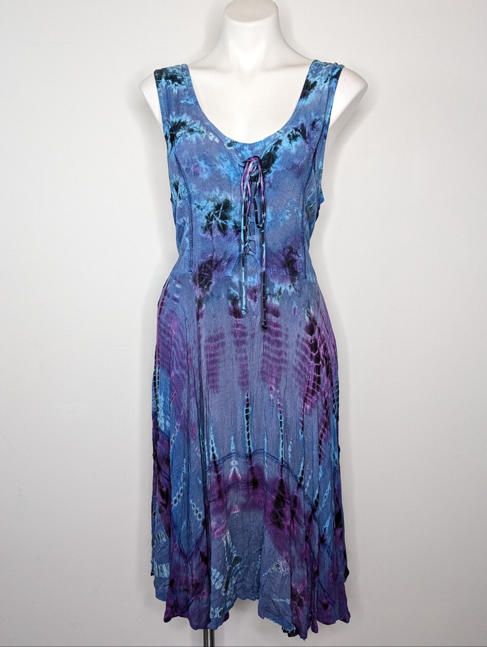 Advance Apparels Purple Green Tie Dye Scoop Neck Smocked Tie Back Dress L/XL